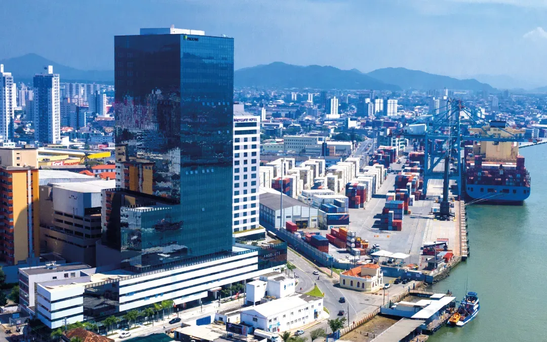 Aerial view of Itajaí, Brazil, Allog's home city, with the port in the background